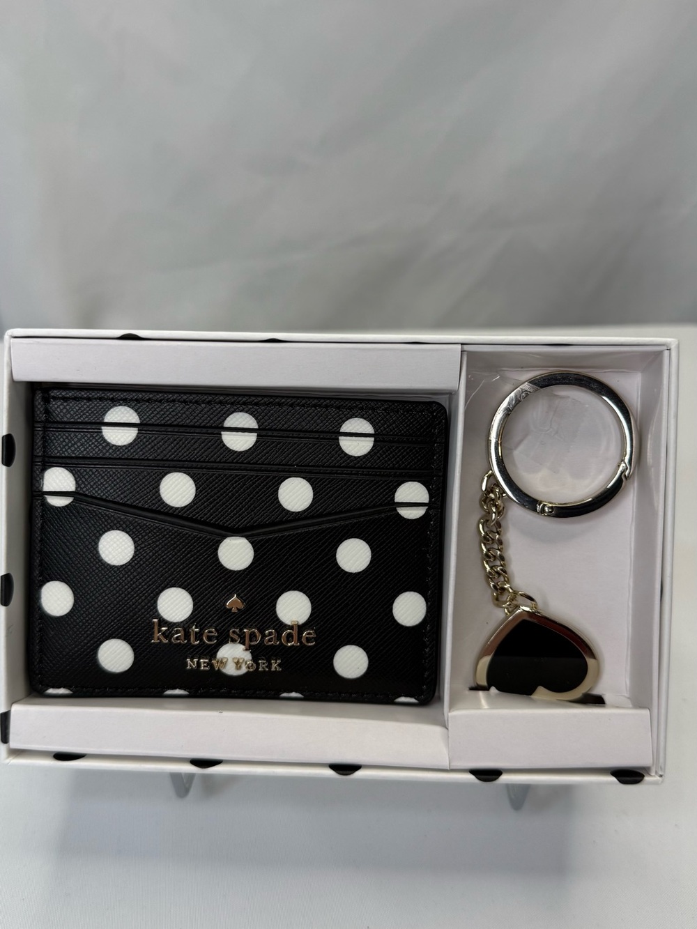kate spade Black & White Polka Dot Cardholder with Heart Keyring Set